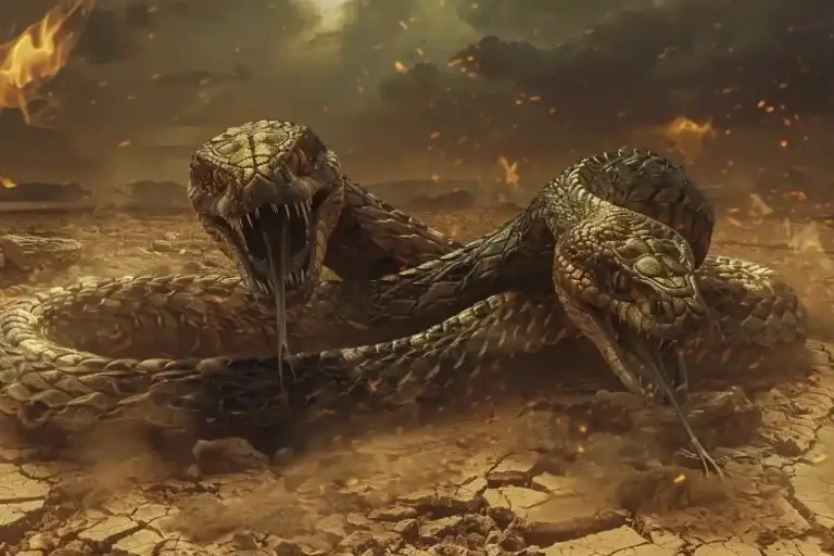 Amphisbaena two-headed serpent from Greek mythology slithering across a cursed desert landscape