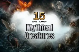 Illustration of the 15 most iconic mythical creatures including a dragon, phoenix, unicorn, kraken, Cerberus, griffin, vampire, lich, satyr, mermaid, and Minotaur.