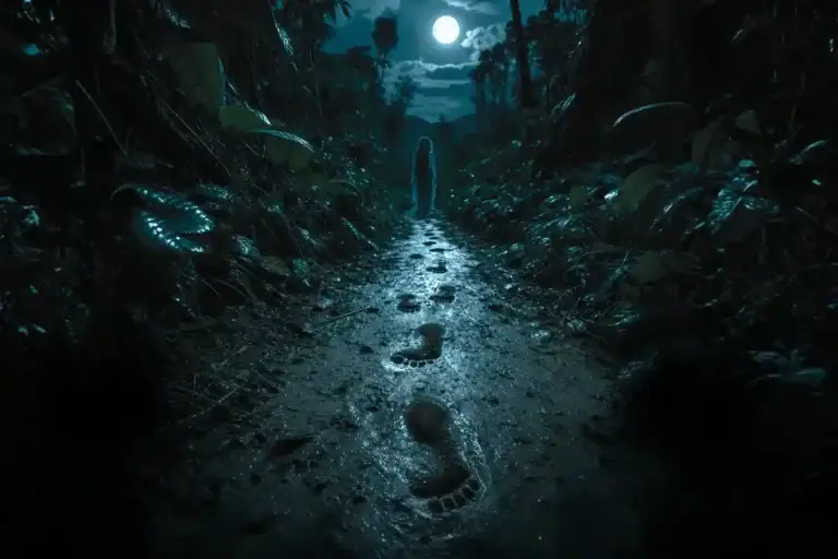 Backward footprints on a muddy jungle trail leading toward a mysterious Ciguapa in the distance, inspired by Dominican folklore.