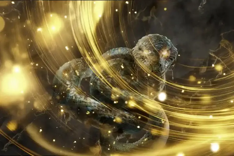 Basilisk, the legendary King of Serpents with glowing eyes surrounded by mystical golden energy.