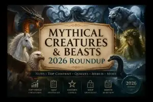 Mythical Creatures & Beasts 2026 Roundup featuring iconic mythical creatures, top content, quizzes, editor's picks, shop highlights, and monthly reviews.